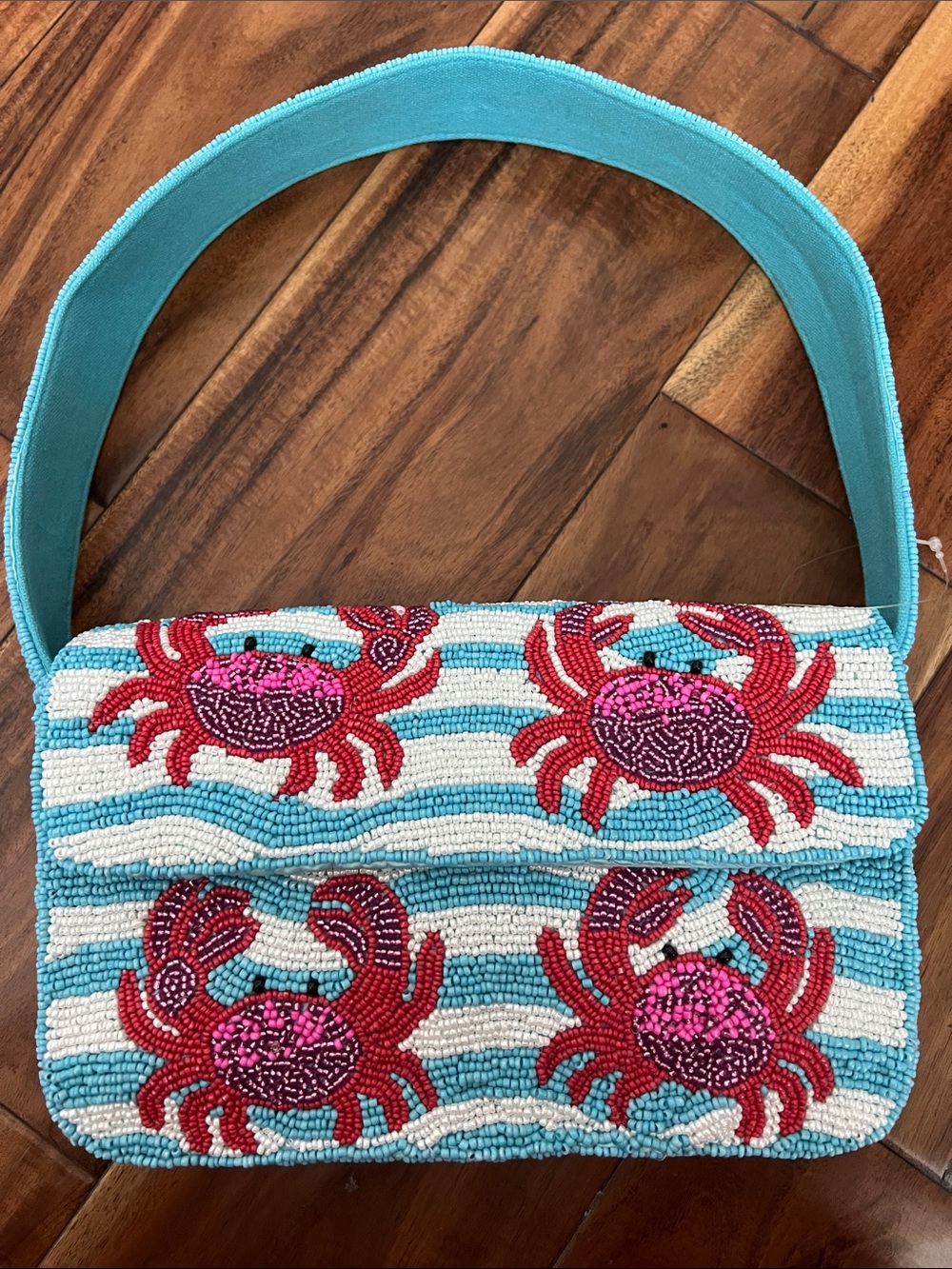 New rare hand Beaded Crab Motif Shoulder Bag in Aqua and Pink